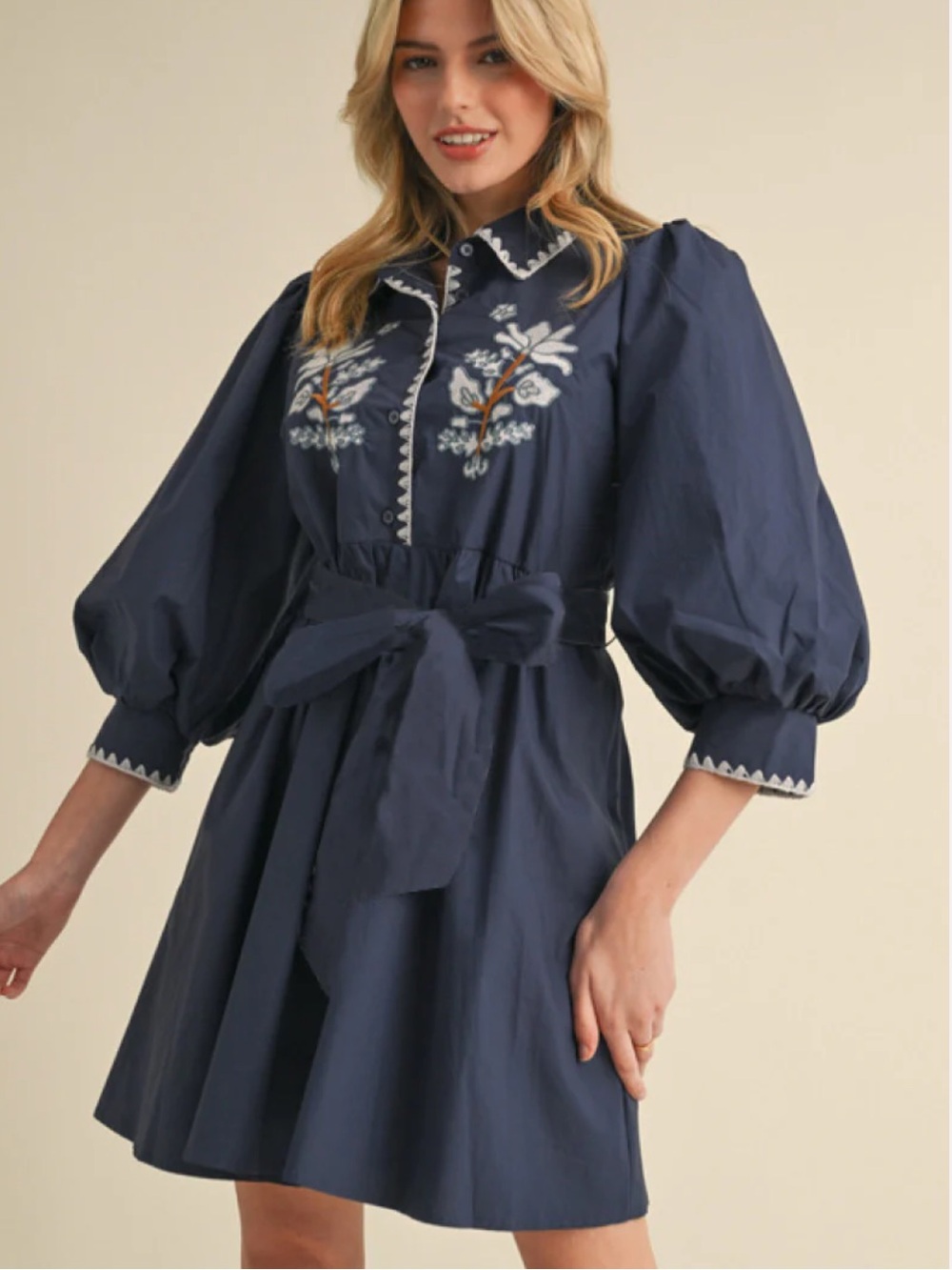 JODIFL Navy Floral Embroidered Puff-Sleeve Mini Dress